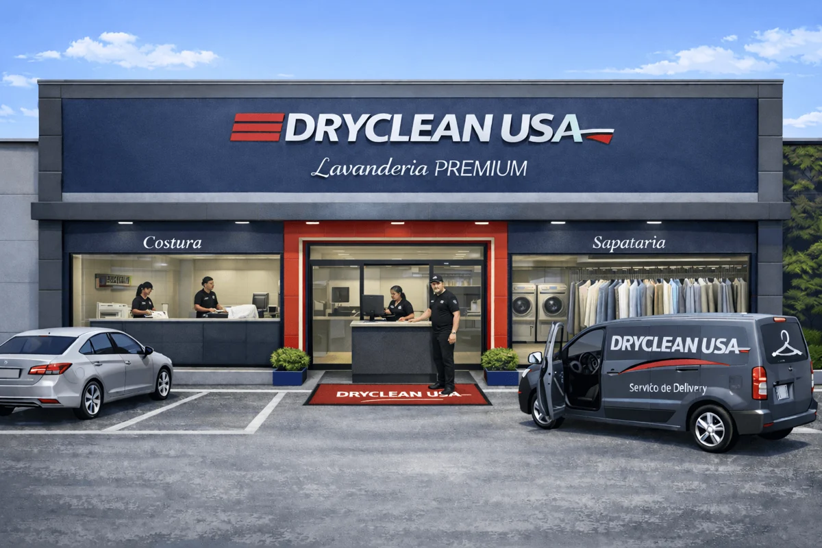 Modelo de loja de rua DryClean USA, com as frentes de serviço sinalizadas e a van de delivery