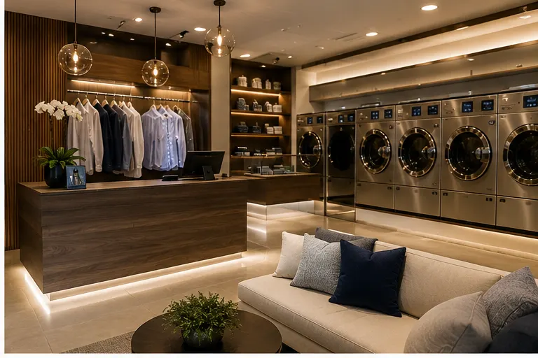 Salao de atendimento de uma loja DryClean USA, com balcao e lounge de espera