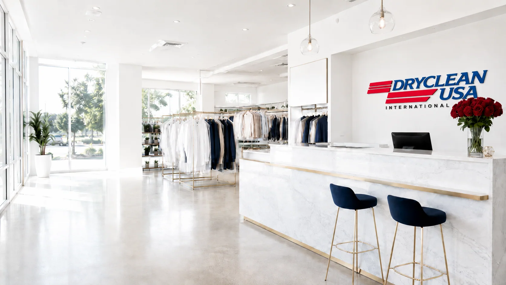Interior de uma loja DryClean USA, balcao de atendimento e arara de pecas ao fundo