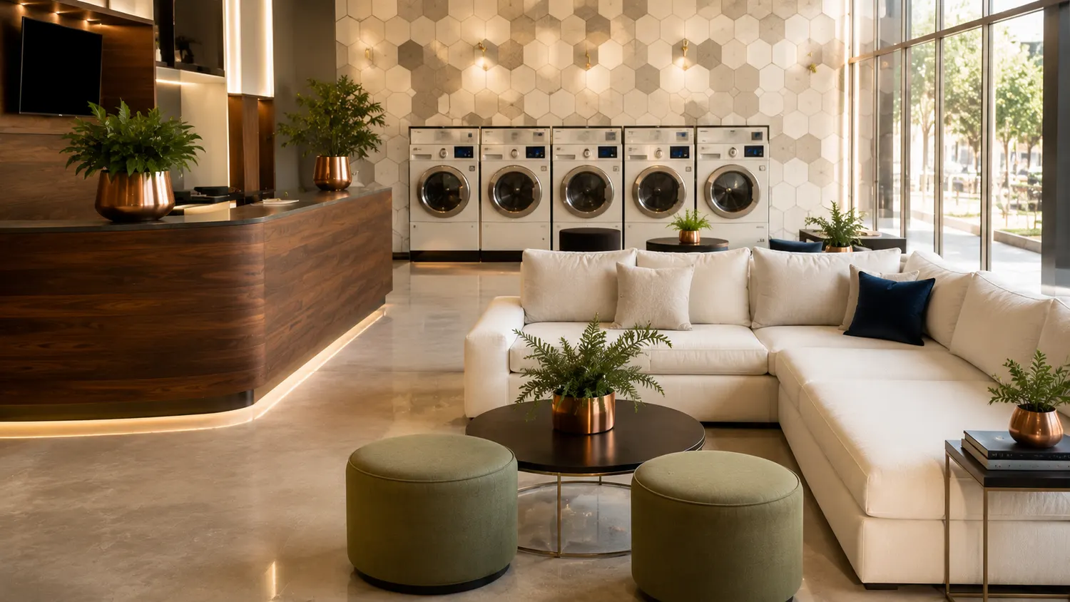 Salao amplo de uma unidade DryClean USA, com area de espera e maquinas ao fundo