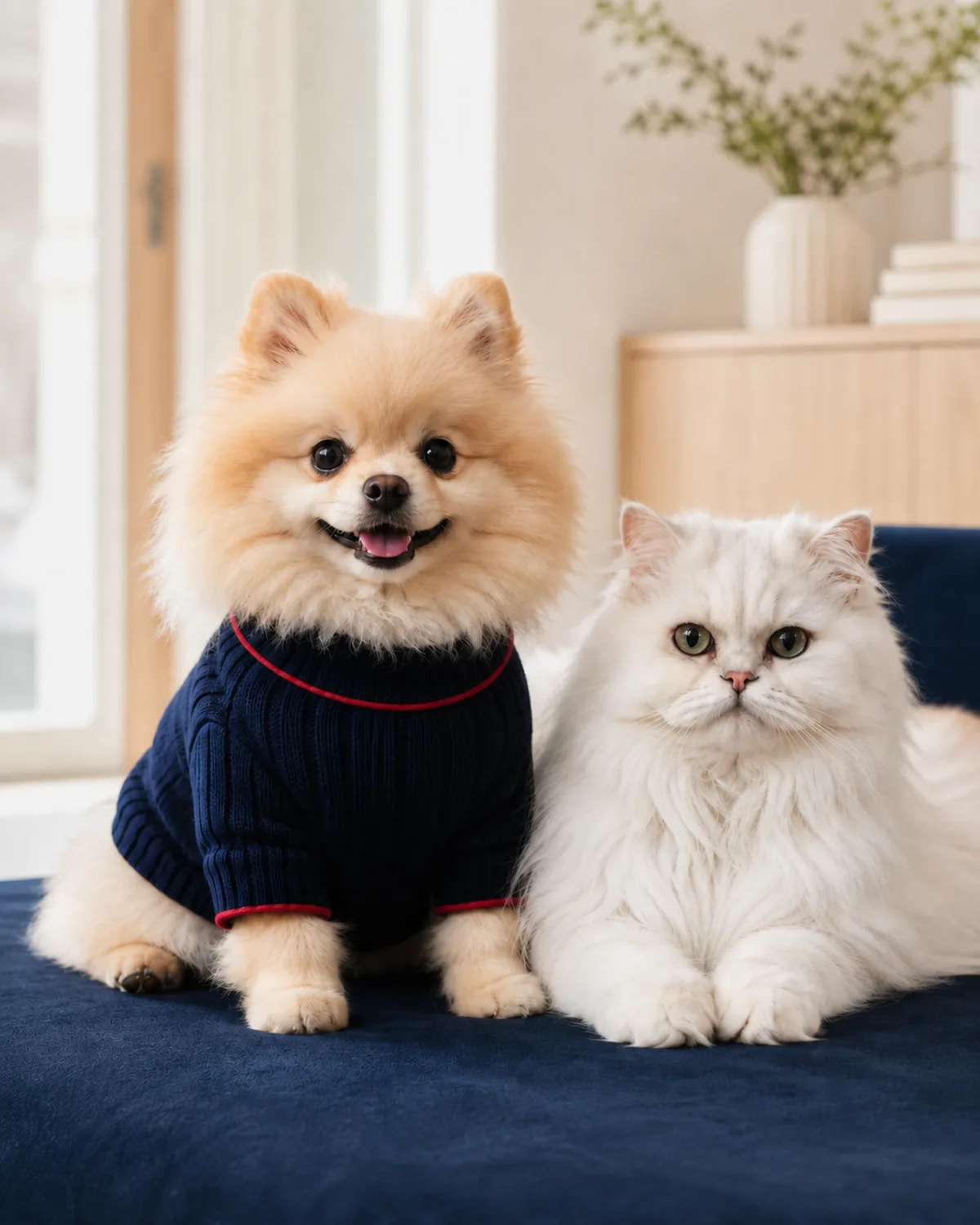 Spitz alem&atilde;o de su&eacute;ter azul-marinho e gato persa branco sentados lado a lado numa poltrona de veludo azul, na sala de casa